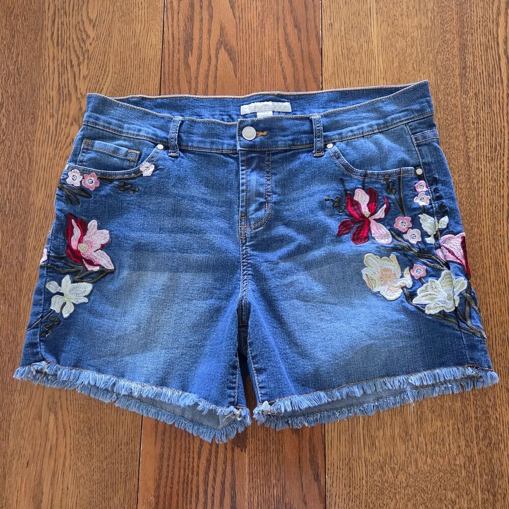 Boston Proper Size 12 Embellished Floral Denim Jean Shorts Raw Fray Hem Blue
